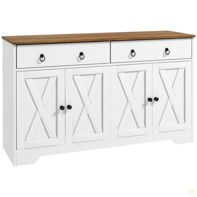 Buffet, armoire à buffet avec 2 tiroirs, 2 armoires de rangement, 4 portes de style grange et tablettes réglables, table de ferme avec rangement