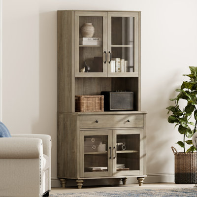 Bibliothèque Corretta 5 niveaux (183 cm H x 86 cm L) avec portes vitrées et grand espace de rangement, étagère à livres avec tiroir en bois, style bibliothèque de ferme, idéale pour le salon, le bureau ou la cuisine, gris délavé