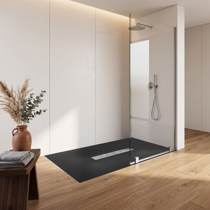 Base de douche 59 po x 35 po noire sans barrière avec bonde centrale, fabrication SMC, antidérapante et conforme ADA