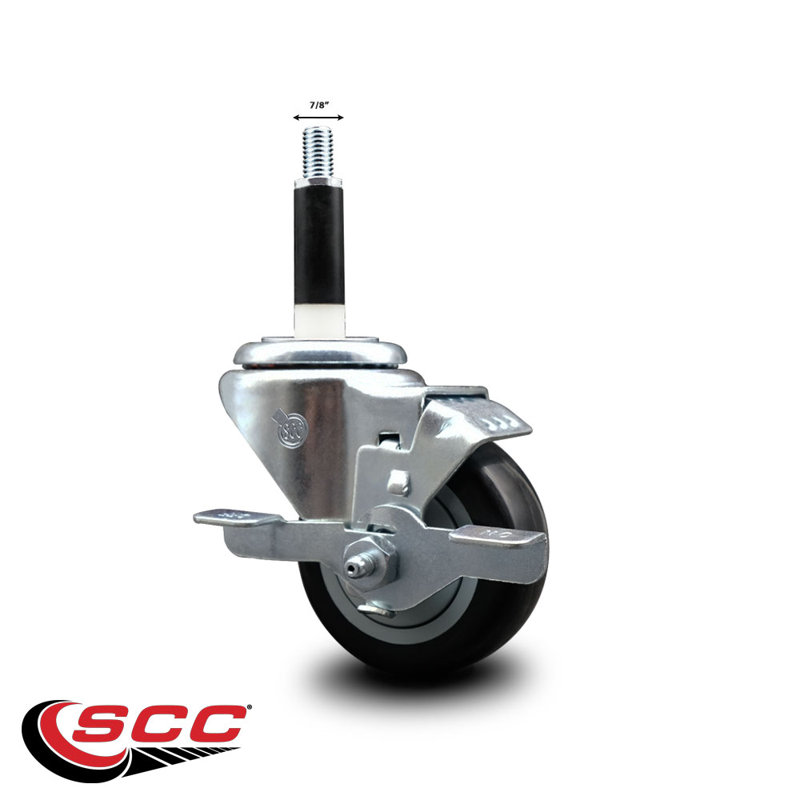 Roulettes pivotantes extensibles 3 po en poly noir 7/8 po avec frein SCC
