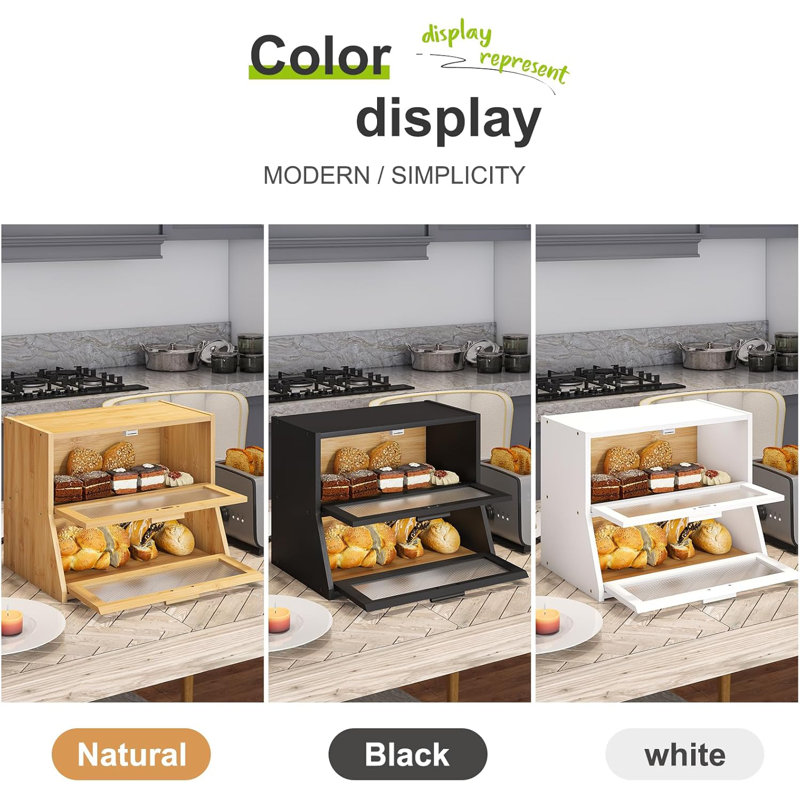 Large Natural Bamboo Double Layer Bread Box with Acrylic Doors