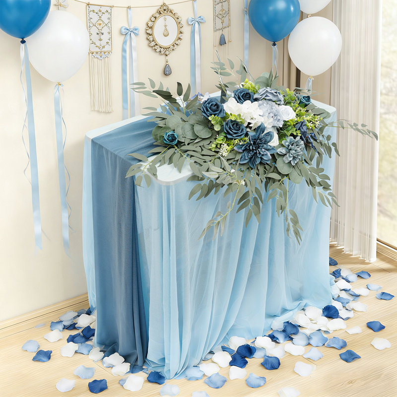 Artificial Flower With Tablecloth And Table Runner, Blue