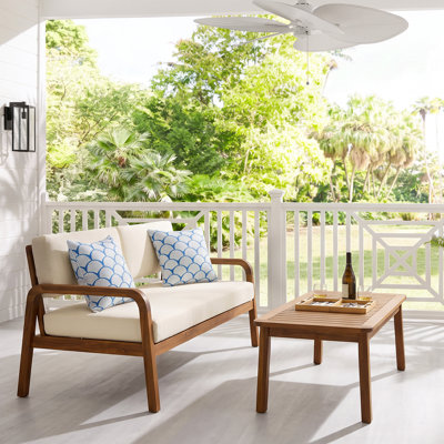 Elzy Outdoor 2-Piece Acacia Wood Conversation Set With Slatted Tabletop & Cushions