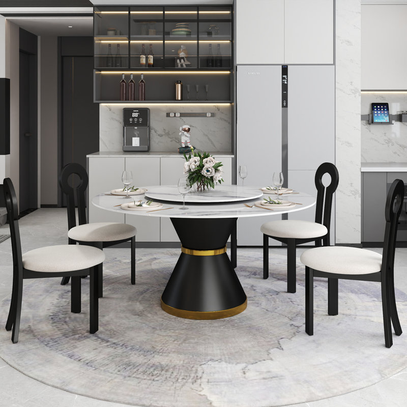 8 Seat Modern Round Sintered Stone Dining Table With Rotating Tray,modern Key-shaped Dining Chairs, White