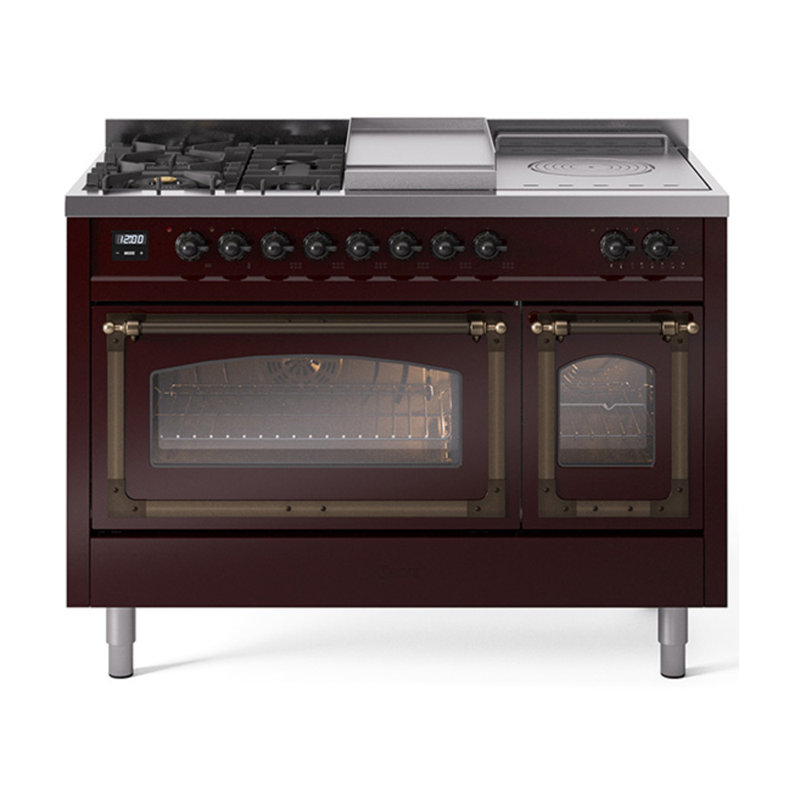 ILVE Nostalgie II Series Noblesse 48 inch Dual Fuel Range 5 Sealed Burners, Griddle, Frenchtop (Glass Door), Burgundy