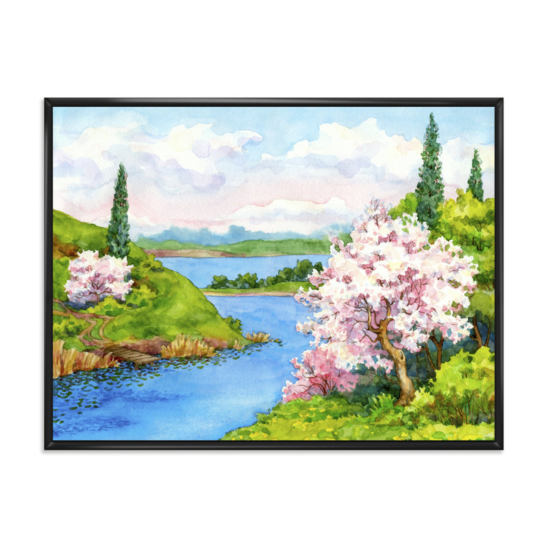 Paysage printanier sous un ciel bleu vif - peinture sur toile, Toile encadrée noire, H 24 po x l 32 po x P 1 po