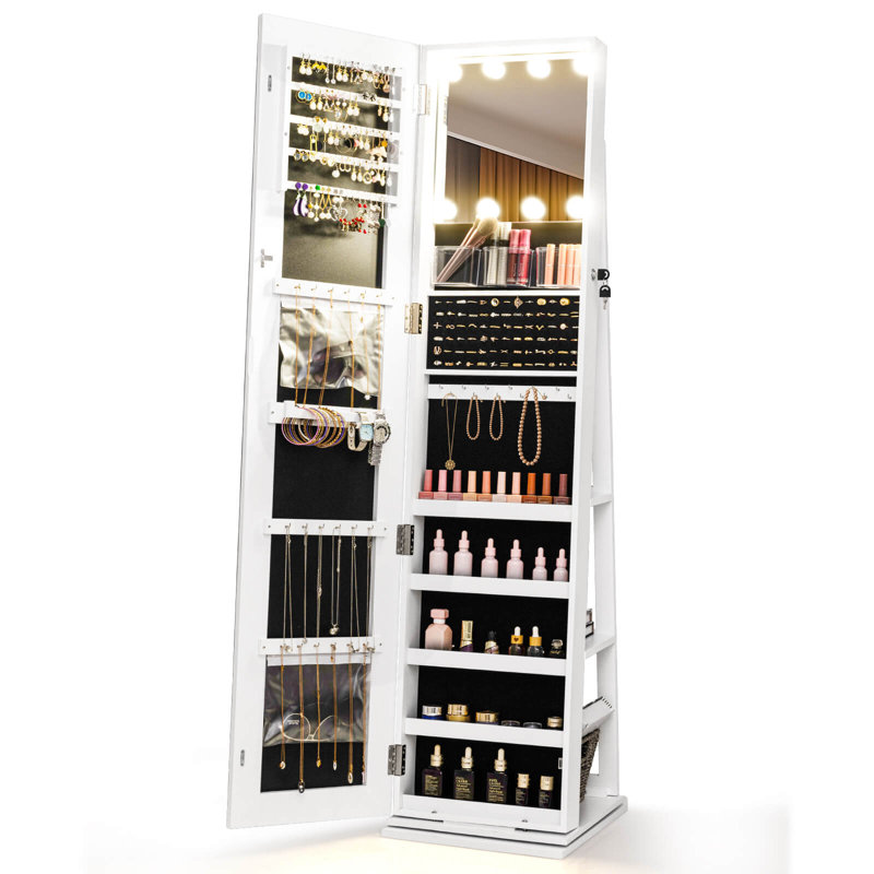 360° Swivel Jewelry Cabinet with Lighted Full Length Mirror & Back Shelves, Lights White, White