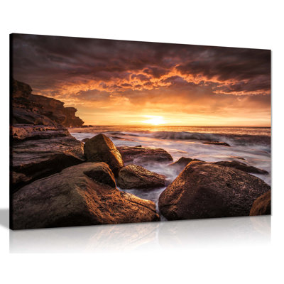 Sunrise Rocks Beach Waves Seascape - Wrapped Canvas Print