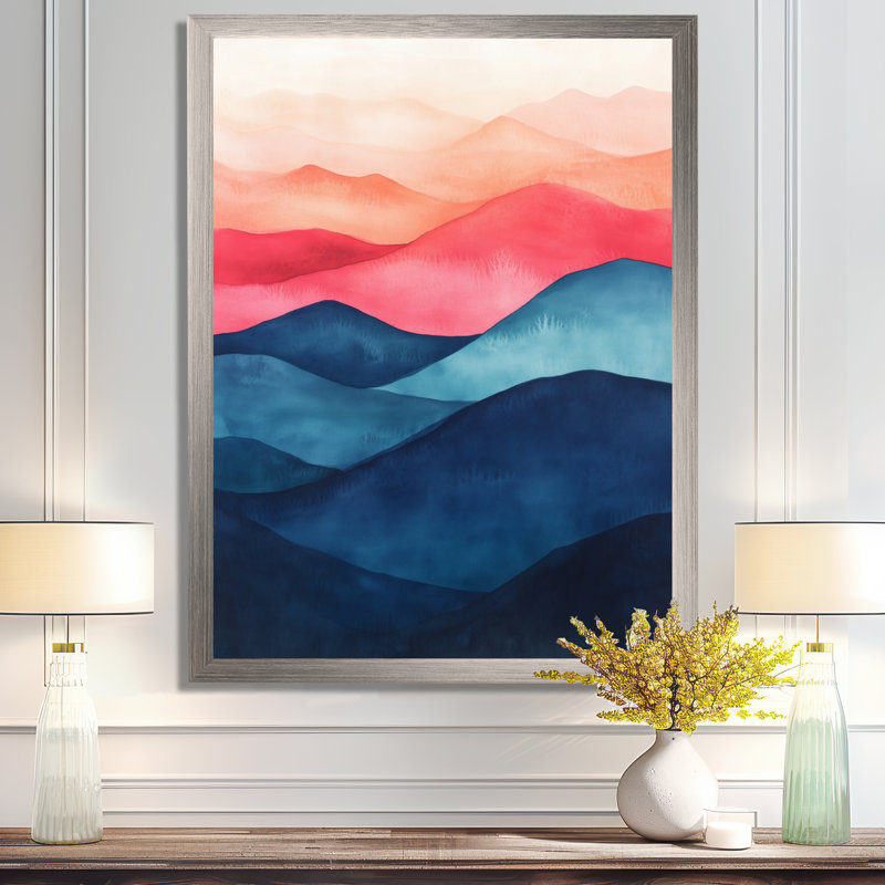 Coucher de soleil bleu et rose, dégradé de collines et de montagnes II - Tableau abstrait encadré, H 40 po x l 30 po