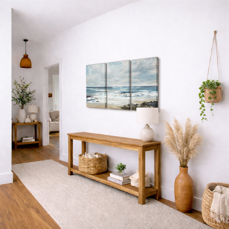 «Coastal Beach Teal Sky Ocean Wave Beach Shore», reproduction sur toile 3 pièces, H 36 po x l 72 po, Toile tendue