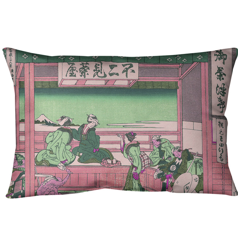 Coussin Yoshida at Tokaido, 20 po x 14 po, Rose / Vert, Bourre en polyester