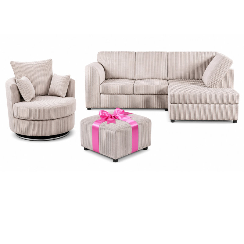 4 Seater Corduroy Sofa & Chaise, Right Hand Facing, Cream