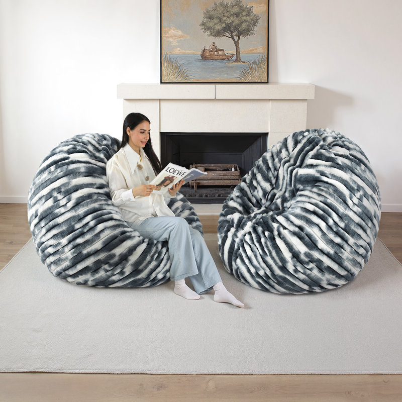 Oversized Compression Large Round 5 Foot Giant Foam Filled Faux Rabbit Fur White Navy Bean Bag Sofa with Soft Removeable Cover (Set of 2)
