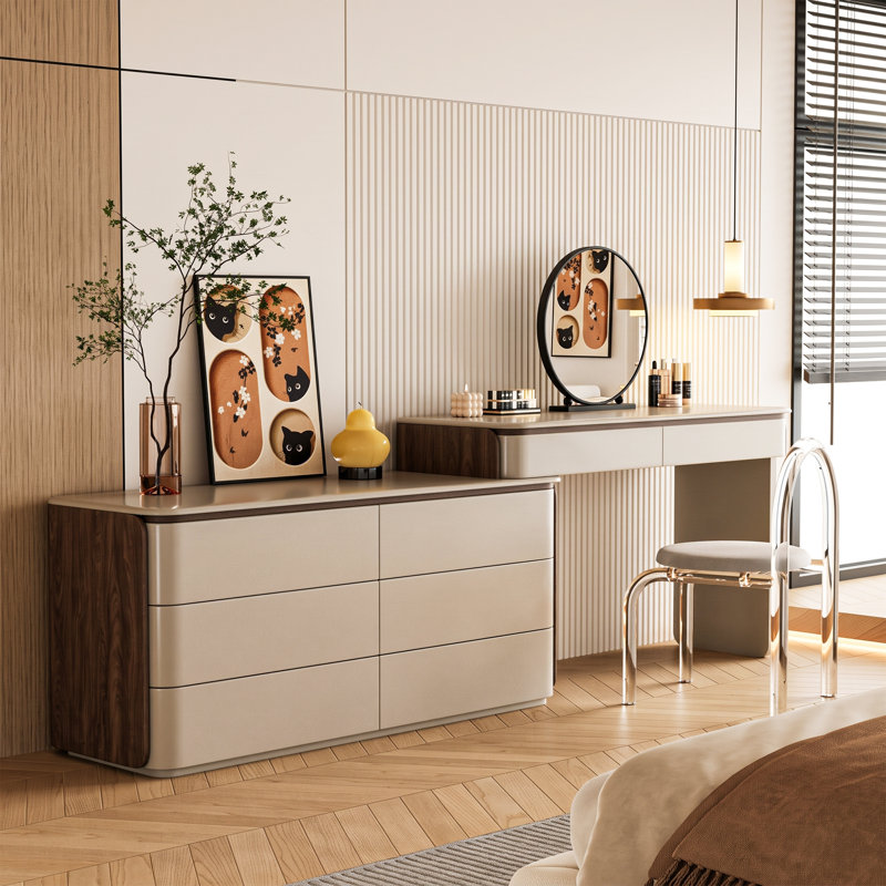 Coiffeuse à maquillage extensible facile à installer avec commode 6 tiroirs, coiffeuse réglable et réversible de 51 à 91 po avec placage noyer et gris kaki