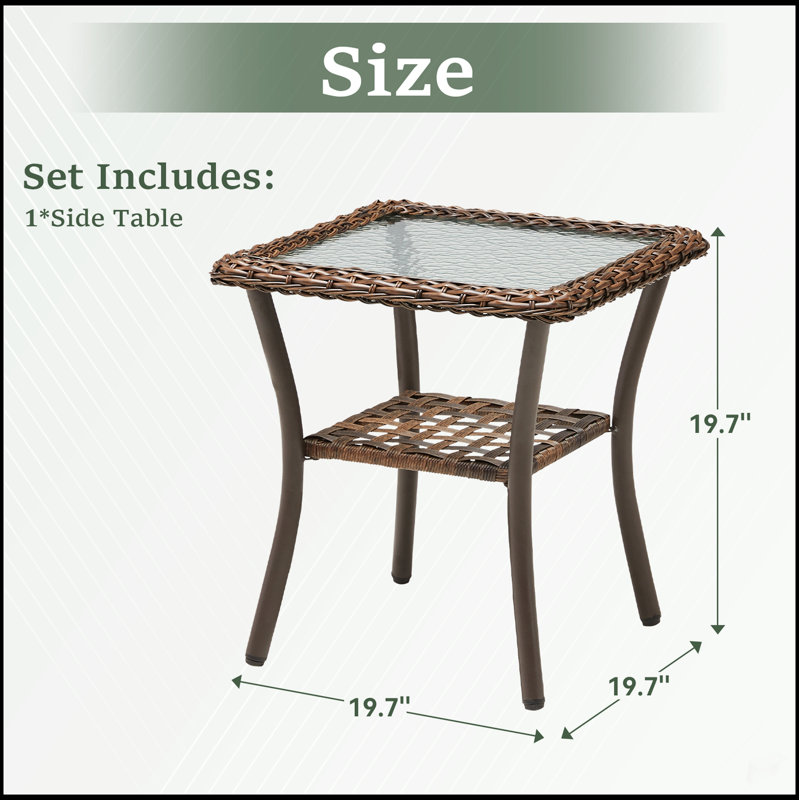 Table d'appoint d'extérieur durable en rotin toutes saisons avec plateau en verre trempé et rangement, parfaite pour la terrasse et le balcon