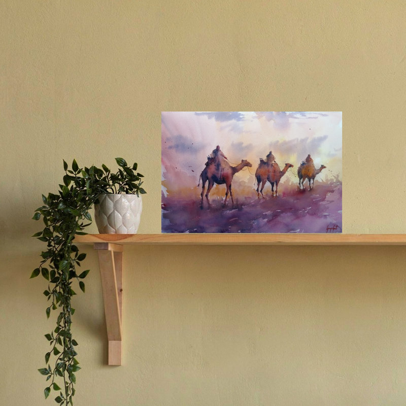 Camel caravane, coucher de soleil paisible, paysage abstrait abstrait, art mural, 16" H x 24" W