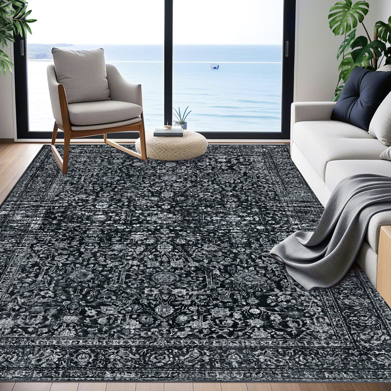 Tapis floral rétro Boho, Noir, Rectangle 6' x 9'