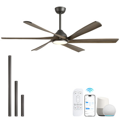 Ventilateur de plafond en bois de 60 pouces avec lumière, commande intelligente / vocale moderne, hélice à 6 pales CFM grise, moteur à courant continu silencieux à intensité variable pour l'intérieur du salon à plafond élevé