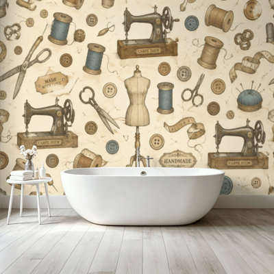 Peel and Stick Wallpaper Wall Mural Seamless hand drawn vintage sewing tools Sew machine scissors Wall Art Self Adhesive and Removable