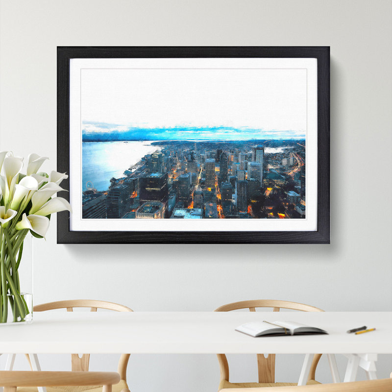 The Seattle Washington Skyline - Picture Frame Painting Print, Black Framed, 45cm H x 63cm W x 2cm D