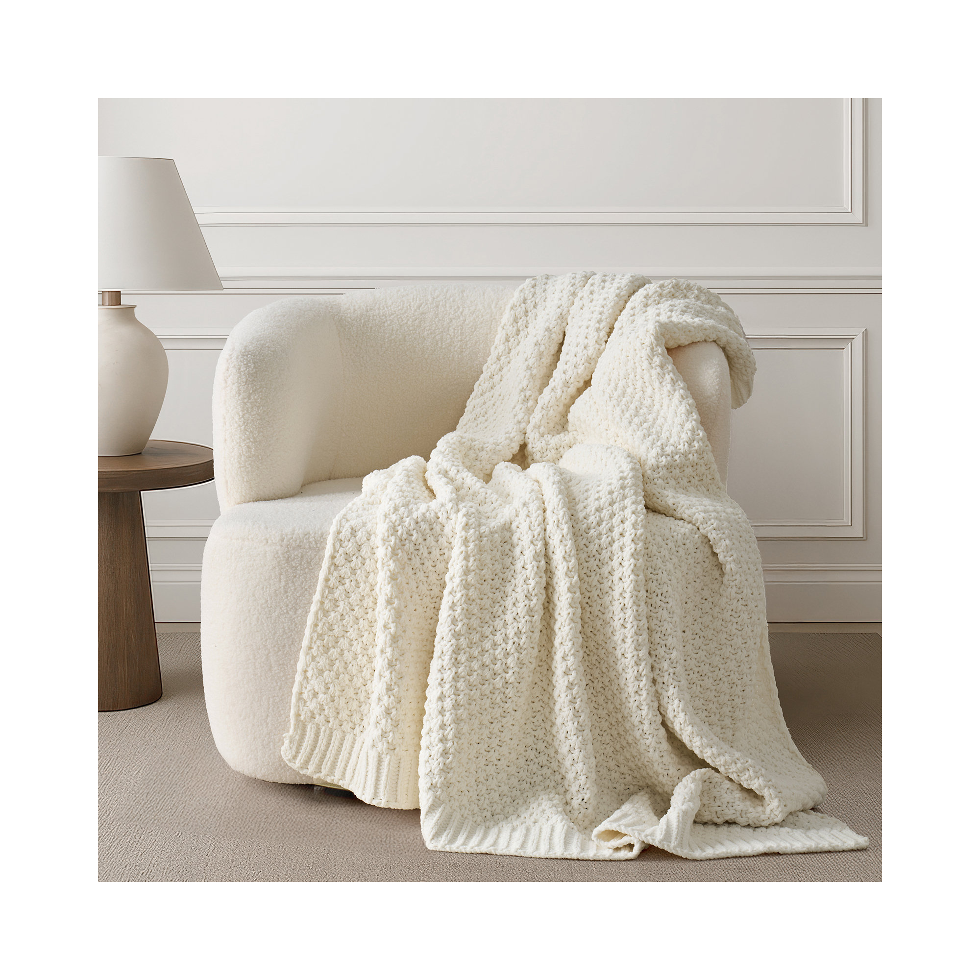 Chunky Chenille Knit Throw Blanket, Ivory White, 80" L x 60" W