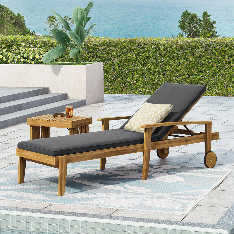 Chaise longue en bois d'acacia durable avec positions réglables et coussins non poreux, pour la détente en plein air, Gris