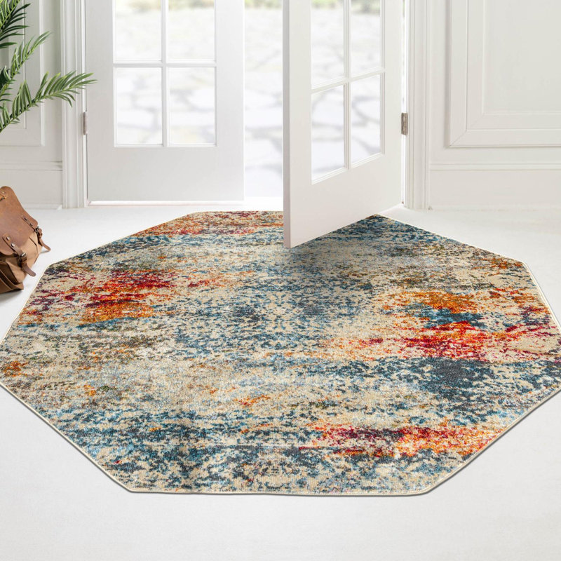 Folmar Oriental Blue/Red/Orange/Cream Area Rug, Octagon 7'1" x 7'1"