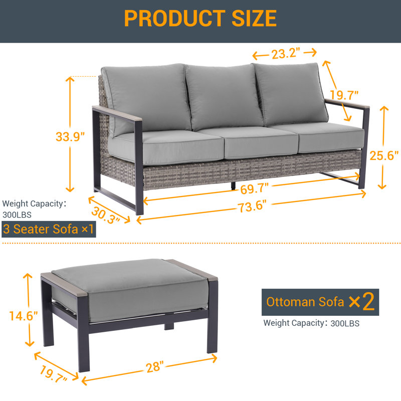 Ravsten 3 Piece Patio Sofa Set with Ottomans, Gray