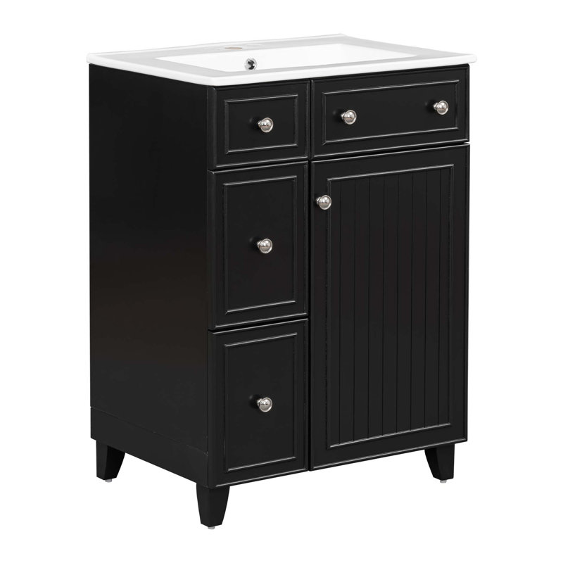 Armoire de salle de bain avec lavabo en céramique, 2 tiroirs et 1 porte, Noir