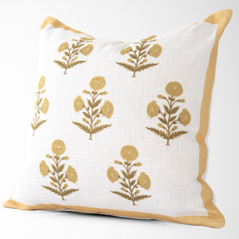 Floral Cotton Pillow Cover, 22"H x 22"W, Gold Floral, Square