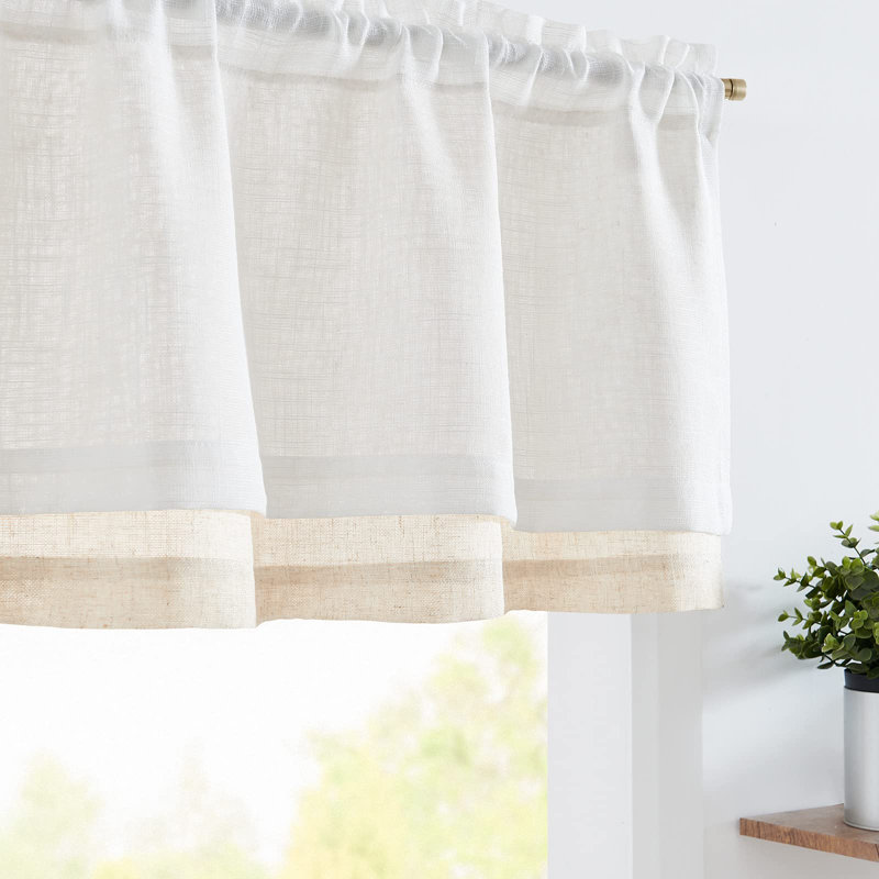 Linen Farmhouse Rod Pocket Double Layer Valance Kitchen Curtain, White/Beige