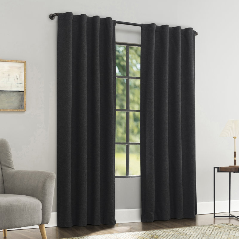 Sun Zero Treviso Linen Blend Magnetic Closure 100% Blackout Back Tab Curtain Panel, Black, 40" W x 96" L