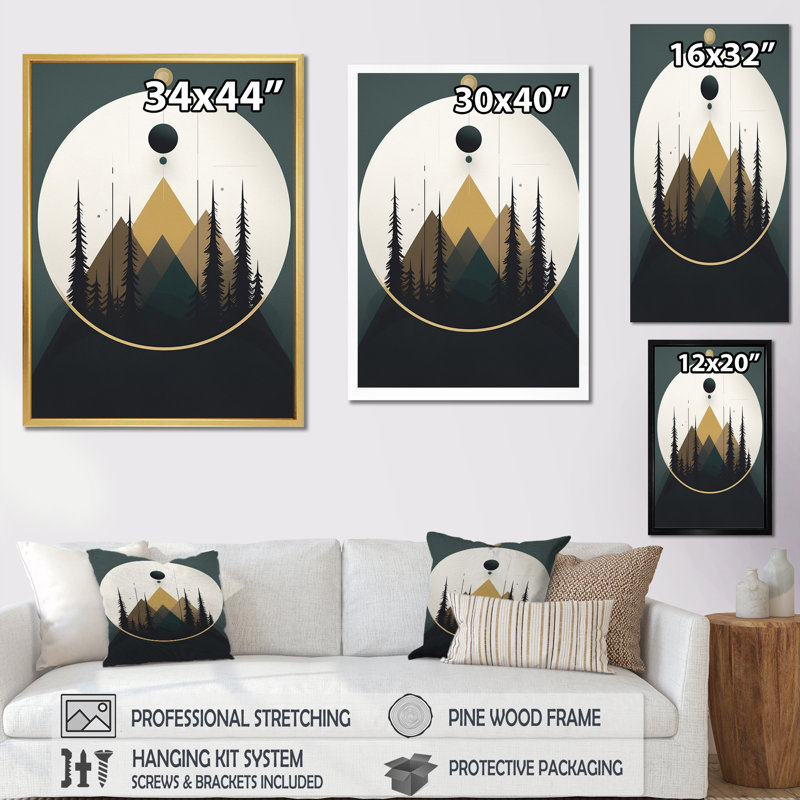 Minimal Full Moon Mountain en vert et bleu sur toile, H 32 po x l 16 po x P 1 po, Cadre simple argenté