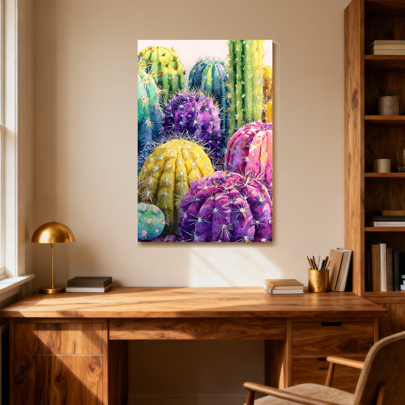 Plantes et fleurs, impression de cactus colorés à l'aquarelle, H 32 po x l 48 po