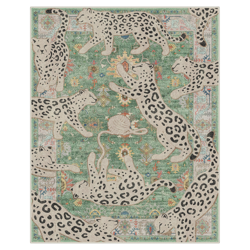 Tapis vert à imprimé léopard Allandale lavable à la machine avec envers antidérapant, Sage Green, Rectangulaire 8 pi x 10 pi
