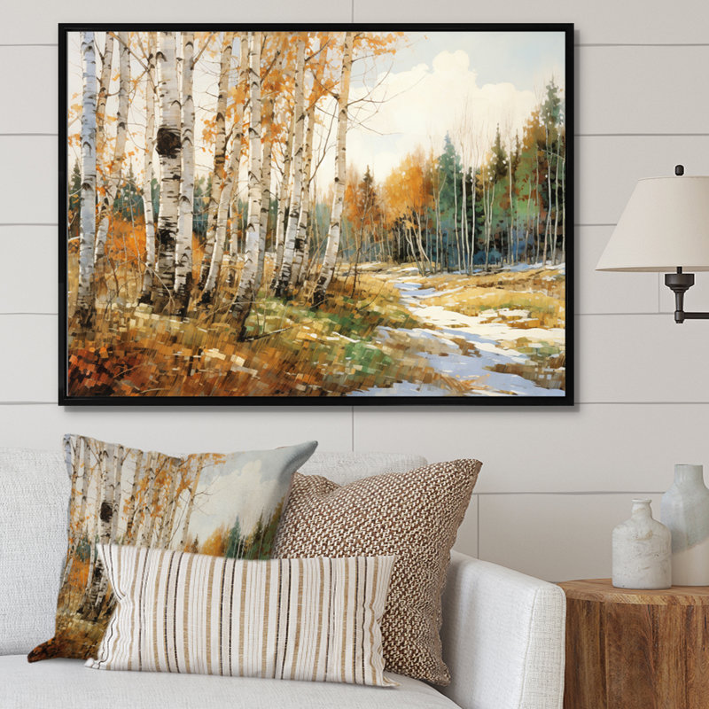 Bouleau saisonnier en bois de bouleau I sur toile, H 16 po x l 32 po x P 1 po, Cadre flottant noir