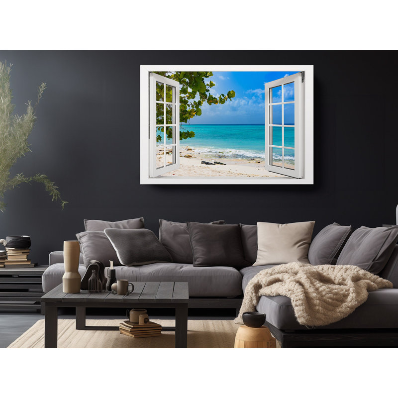 Impression sur toile, "Ocean Bliss with Open Window and Tree View Blue Sky Motivation" sur toile, H 12 po x l 18 po