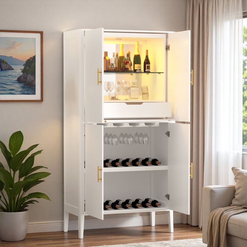 Modern Fluted Wine Cabinet With Glass Display, Stemware Rack, Drawer, Adjustable Shelves And Built-in Led Lighting, White