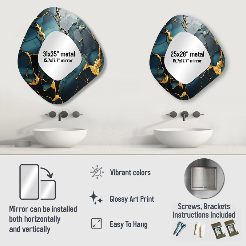 Addilynn Gold and Green Abstract marble Aura IV - Marble Unique Shape Wall Mirror, Gold Asymmetrical Decorative Mirror, Printed Metal Art