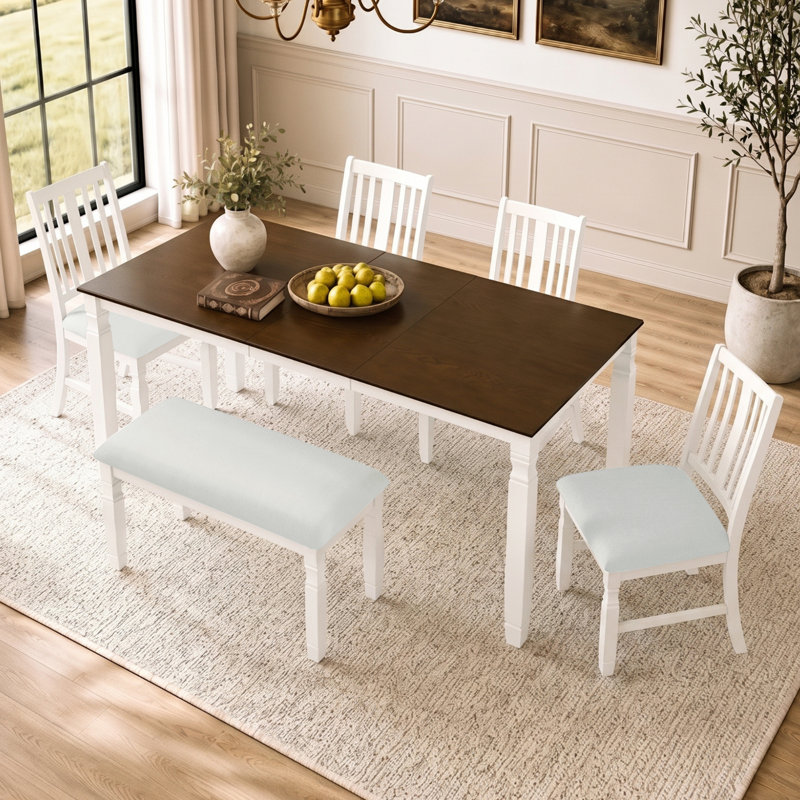 Ensemble de salle à manger extensible 6 pièces, table de salle à manger rectangulaire en placage avec rallonge amovible, 4 chaises et banc rembourrés, maison de campagne moderne, salle à manger