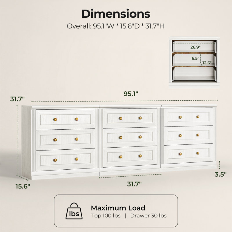 Ensemble de 3 buffets mono avec tiroirs, blanc, White