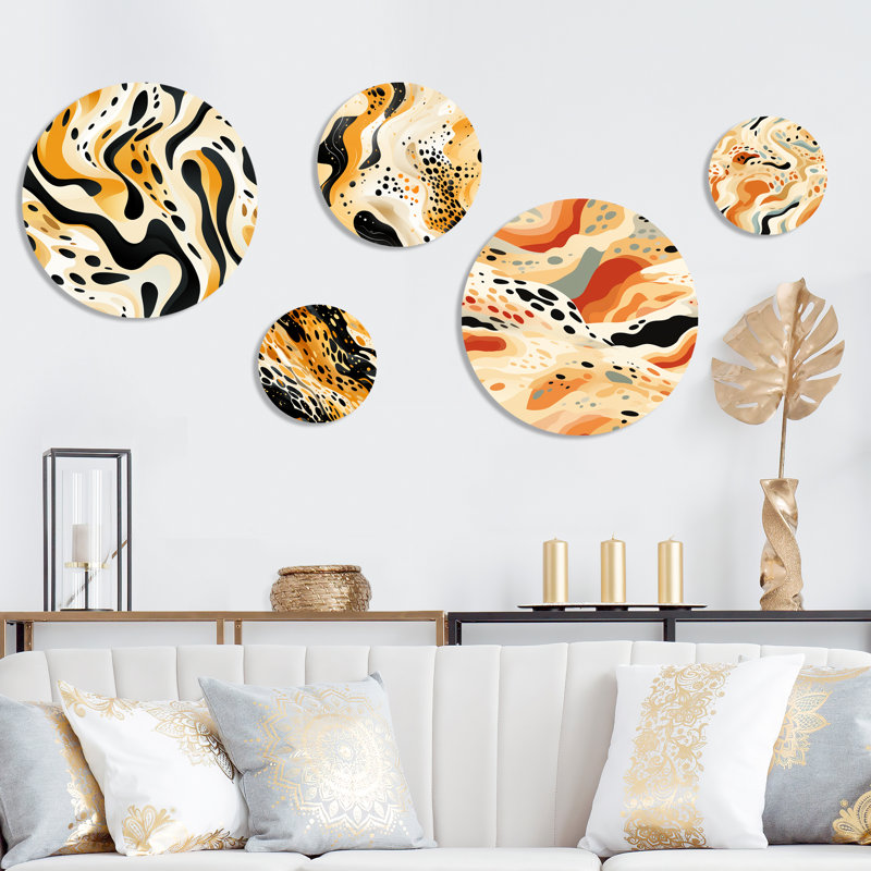 Ensemble de 5 impressions murales rondes orange et noir - Animal Glam