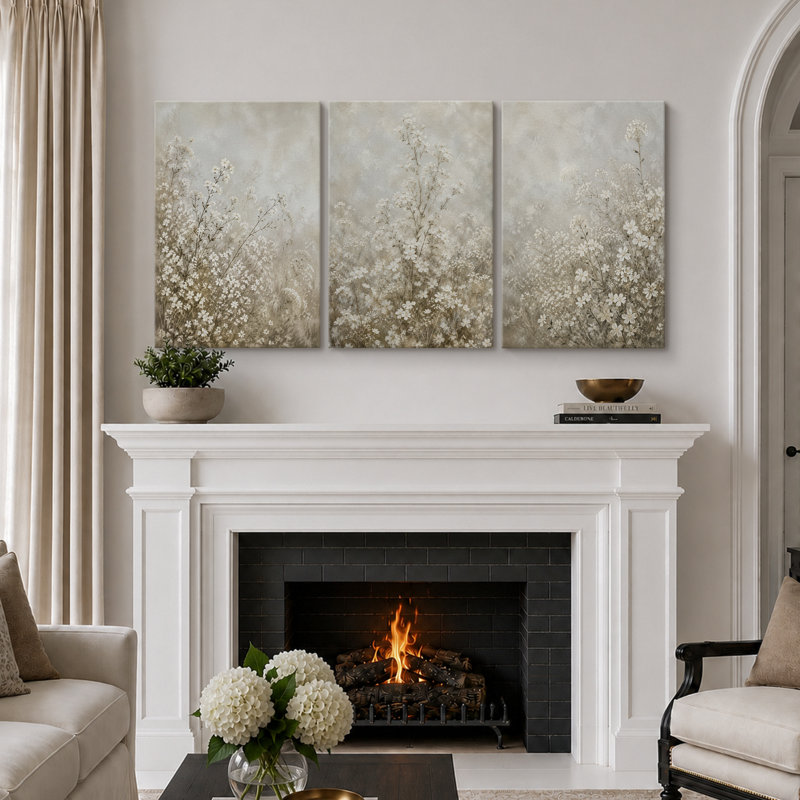 Paysage hivernal de fleurs sauvages aux tons neutres, tableau pour salon, impression giclée sur toile encadrée en 3 parties - 3 pièces de 40,6 x 61 cm et 3 pièces de 61 x 91,4 cm
