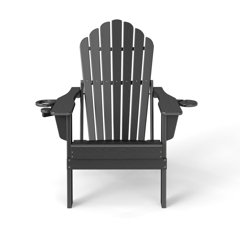 3-Piece Folding Adirondack Chair Set in HDPE with Built-In Cup Holders for Outdoor Use, Black