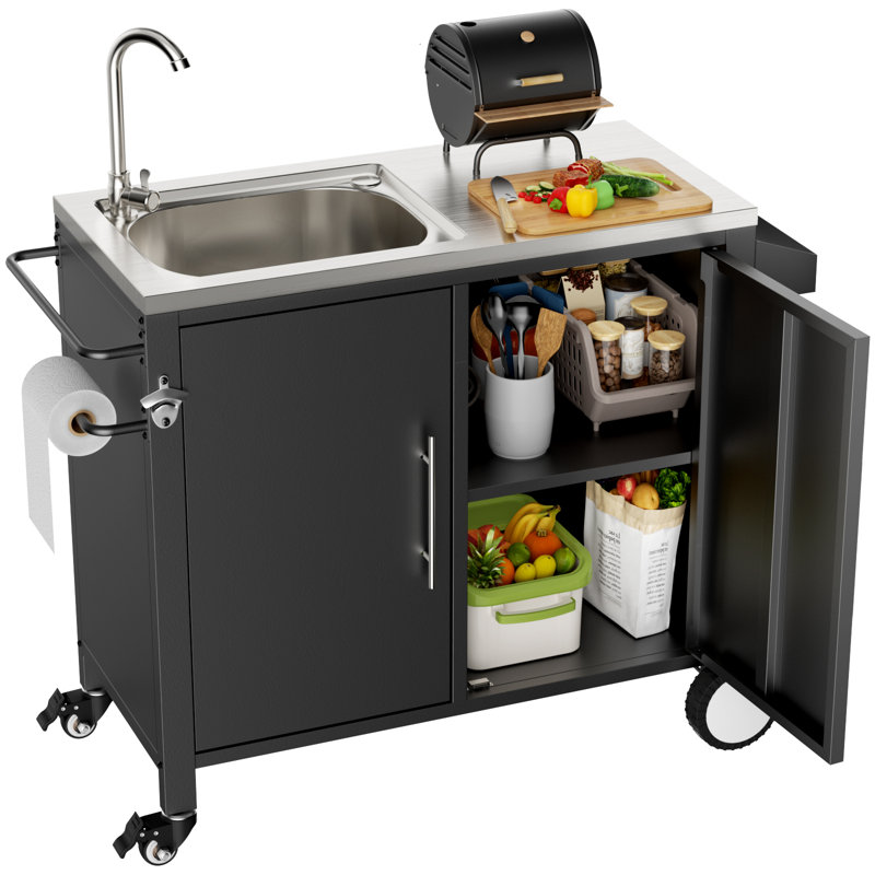 Table de gril d'extérieur avec évier - acier inoxydable 304, chariot mobile