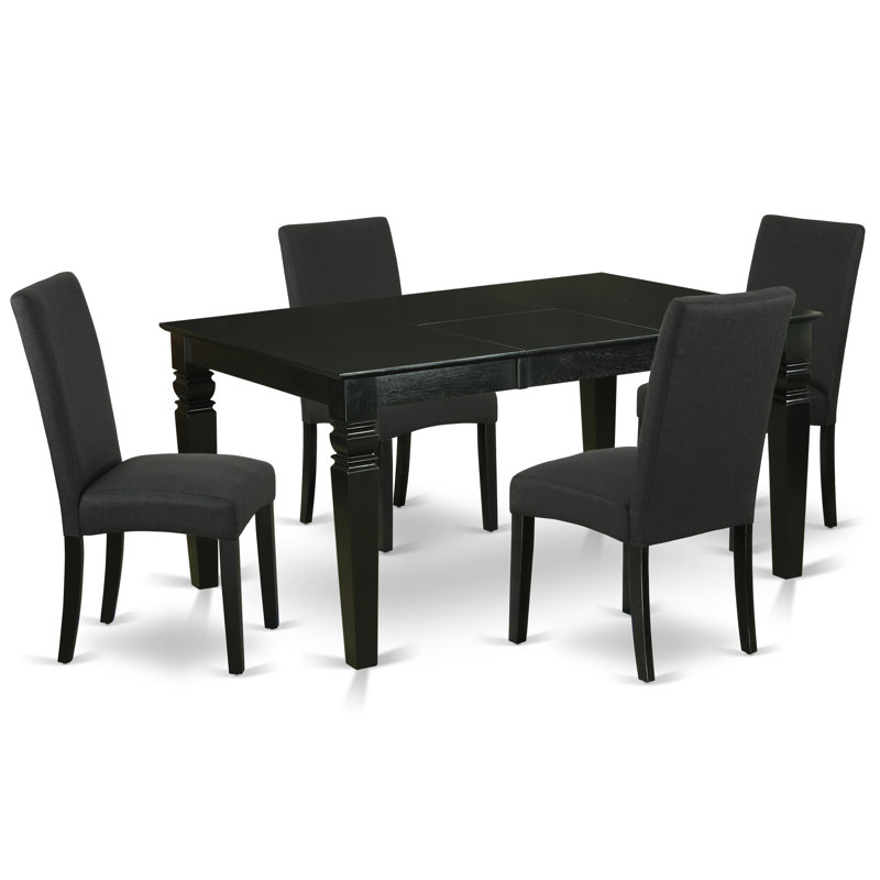 5 Piece Kitchen Table Set Includes a Rectangle Dining Table with Butterfly Leaf and 4 Black Color Linen Fabric Upholstered Chairs, Black