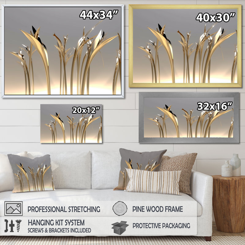 «Golden Twig Blossoming», impression sur toile, H 16 po x l 32 po x P 1 po, Cadre simple argenté