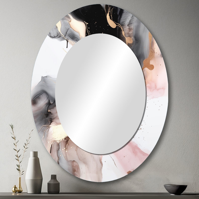 Miroir mural ovale rose sur fond texturé rose et noir I, 43 po x 33 po
