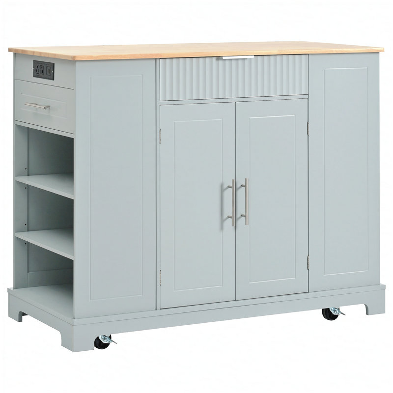 Îlot de cuisine cannelé avec armoire de rangement pour poubelle, prise de courant, support de rangement interne, îlots de cuisine roulants sur 5 roues avec 3 tiroirs, 3 supports latéraux ouverts pour poubelle de 10 gallons, gris-bleu