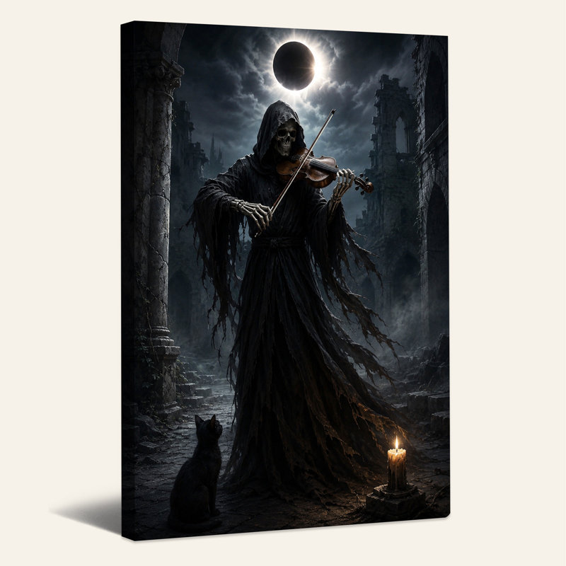 Skeleton Violinist in Moonlit Stone Ruins Halloween Canvas Wall Art, 18"H x 12"W